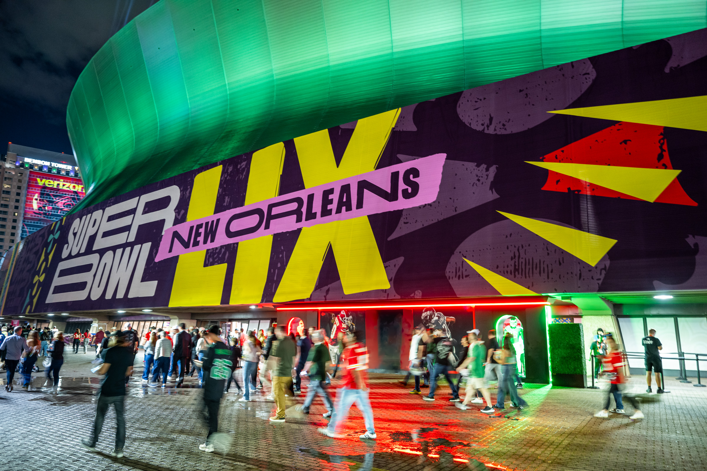Mercedes Benz Dome facade during Super Bowl LIX in New Orleans.
