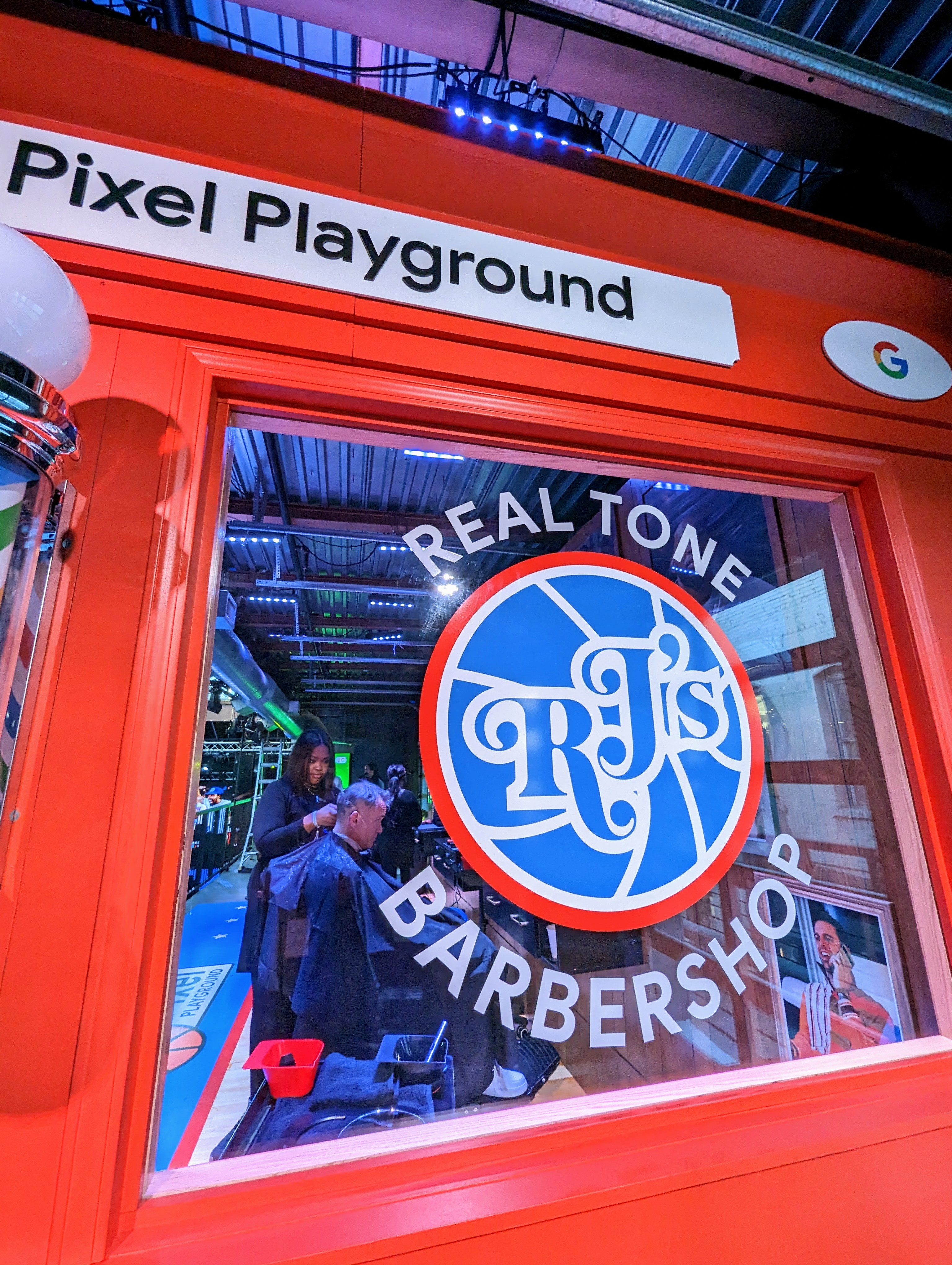 View into RJ's BArbershop through the front window at NBA All Star Weekend.